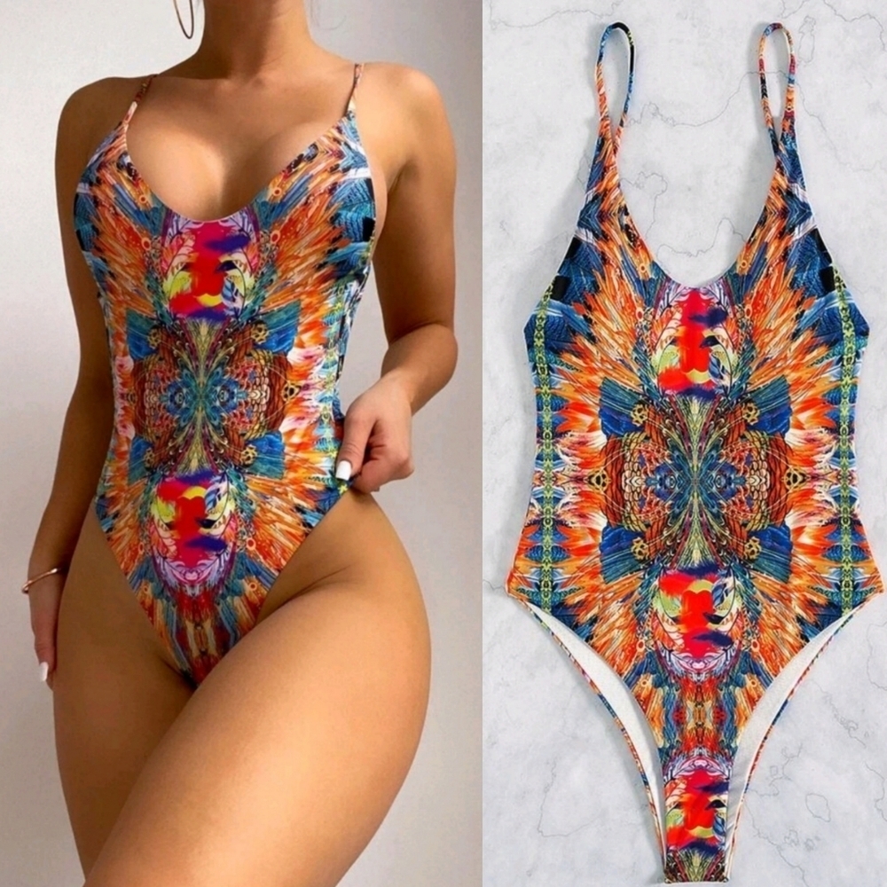 NWT Boho Allover Print Backless One Piece Swimsuit Sz L